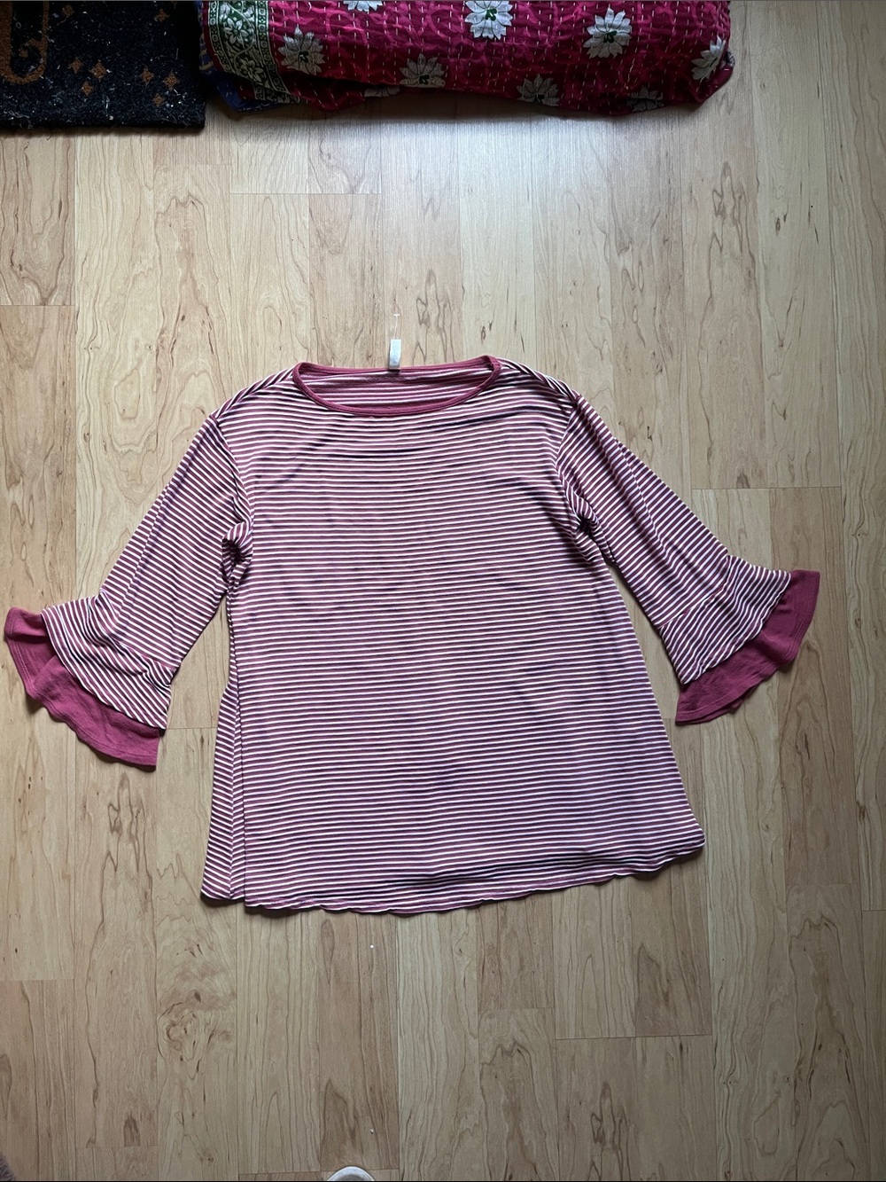 Emerald Pink and White Striped Ruffle-Sleeve Long Sleeve Top